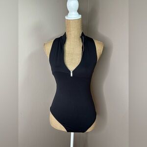 Zara Zipper Front Double Lined Top Black Bodysuit Size S